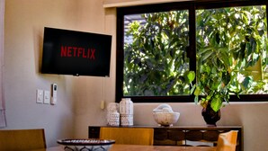 A room with a television displaying 'NETFLIX,' a dining table with chairs, a vase with a plant, and a window with greenery outside. - Delightful apartment with AC in Lo de Marcos (Lo de Marcos)