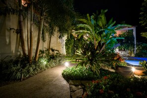 Un chemin illuminé serpentant à travers un jardin, menant à un espace piscine agrémenté de plantes tropicales et bordé d’un mur de pierre.