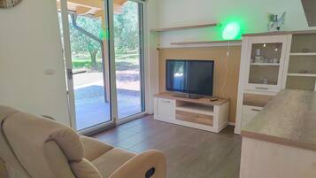 Un salon comprenant un canapé, un téléviseur posé sur un meuble en bois, un buffet avec des portes en verre et une porte-fenêtre coulissante donnant sur l’extérieur.