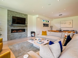 Smart TV, fireplace, books, stereo