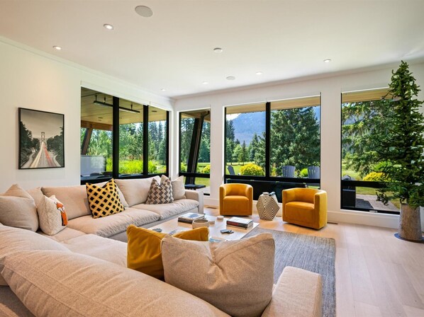 Smart TV, fireplace, books, stereo