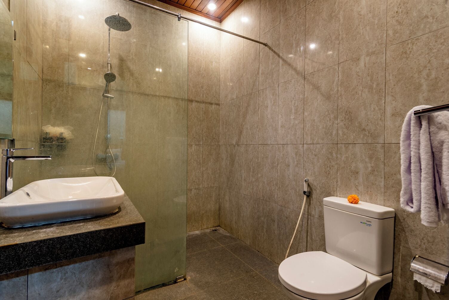 Deluxe Triple Room, Multiple Beds, Pool View | Bathroom | Shower, hair dryer, towels, soap