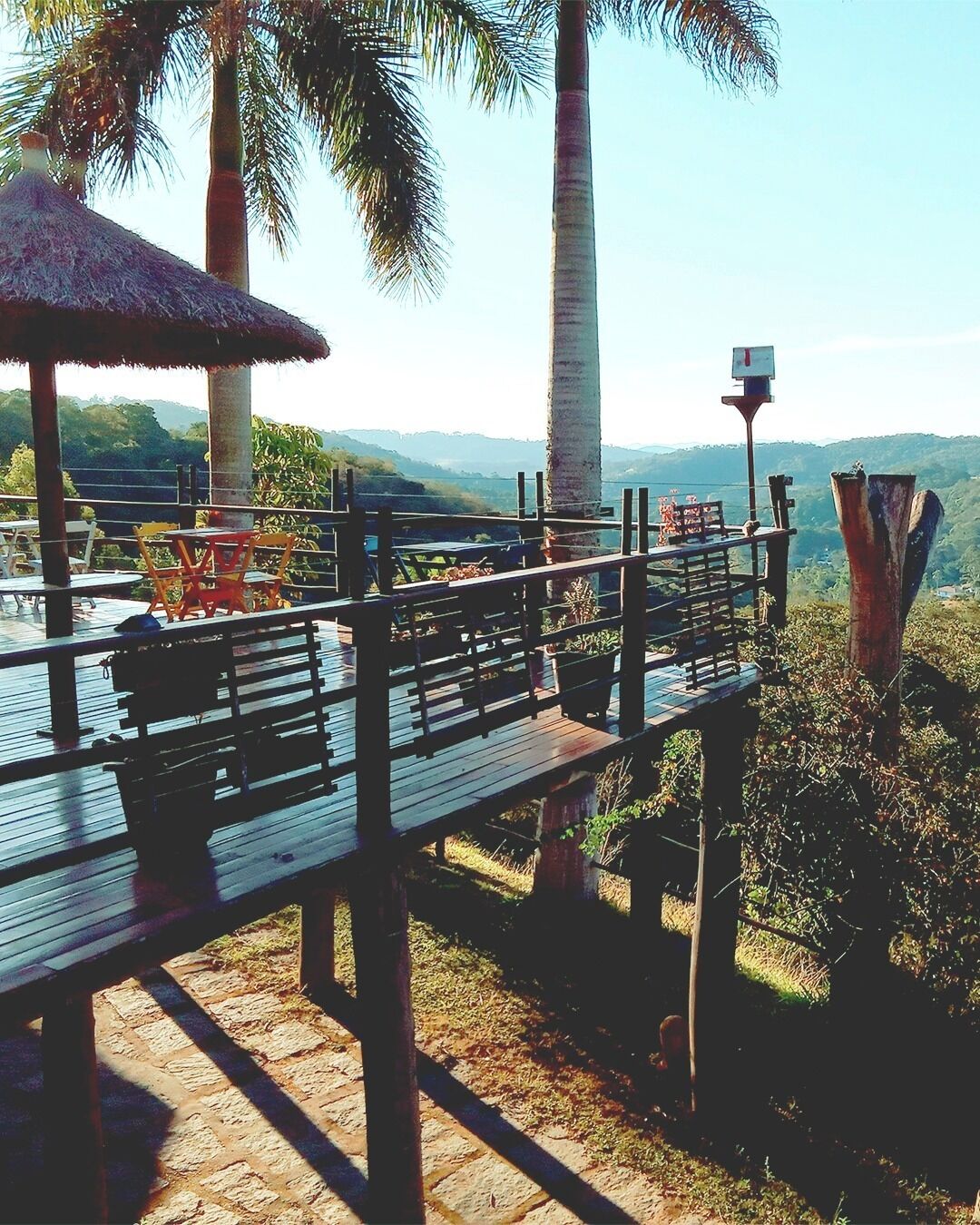 A wooden deck with benches and tables overlooking a body of water, surrounded by palm trees and a mountainous landscape.