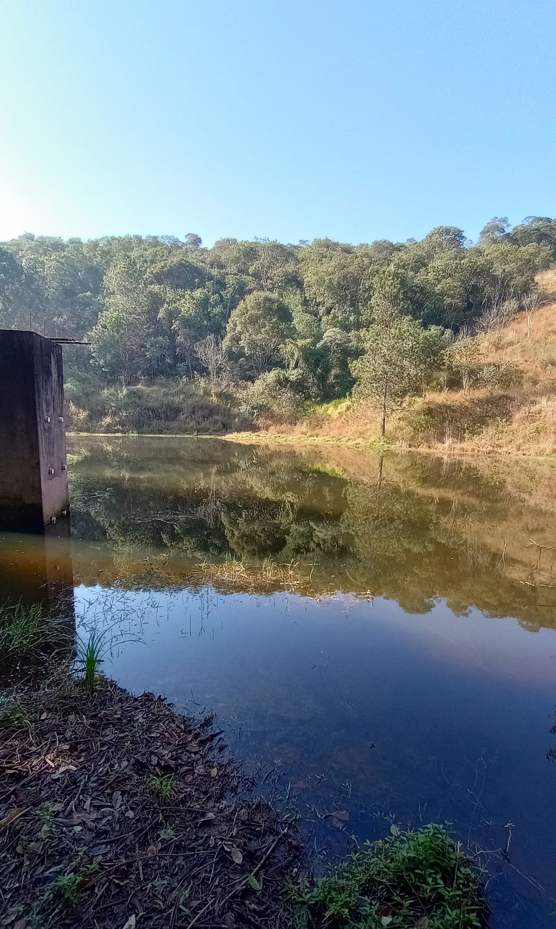 A calm lake with a wooden structure on the left, surrounded by dense greenery and hills in the background.