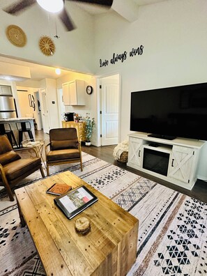 Smart TV, chimenea, reproductor de DVD y libros