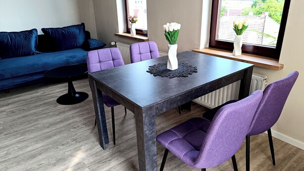 A modern living room with a dark wooden dining table, purple upholstered chairs, a blue sofa, and a vase with flowers on a windowsill. - Jessi`s Harz Apartment (Sankt Andreasberg)