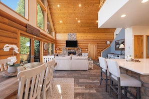 Smart TV, fireplace, books, printers
