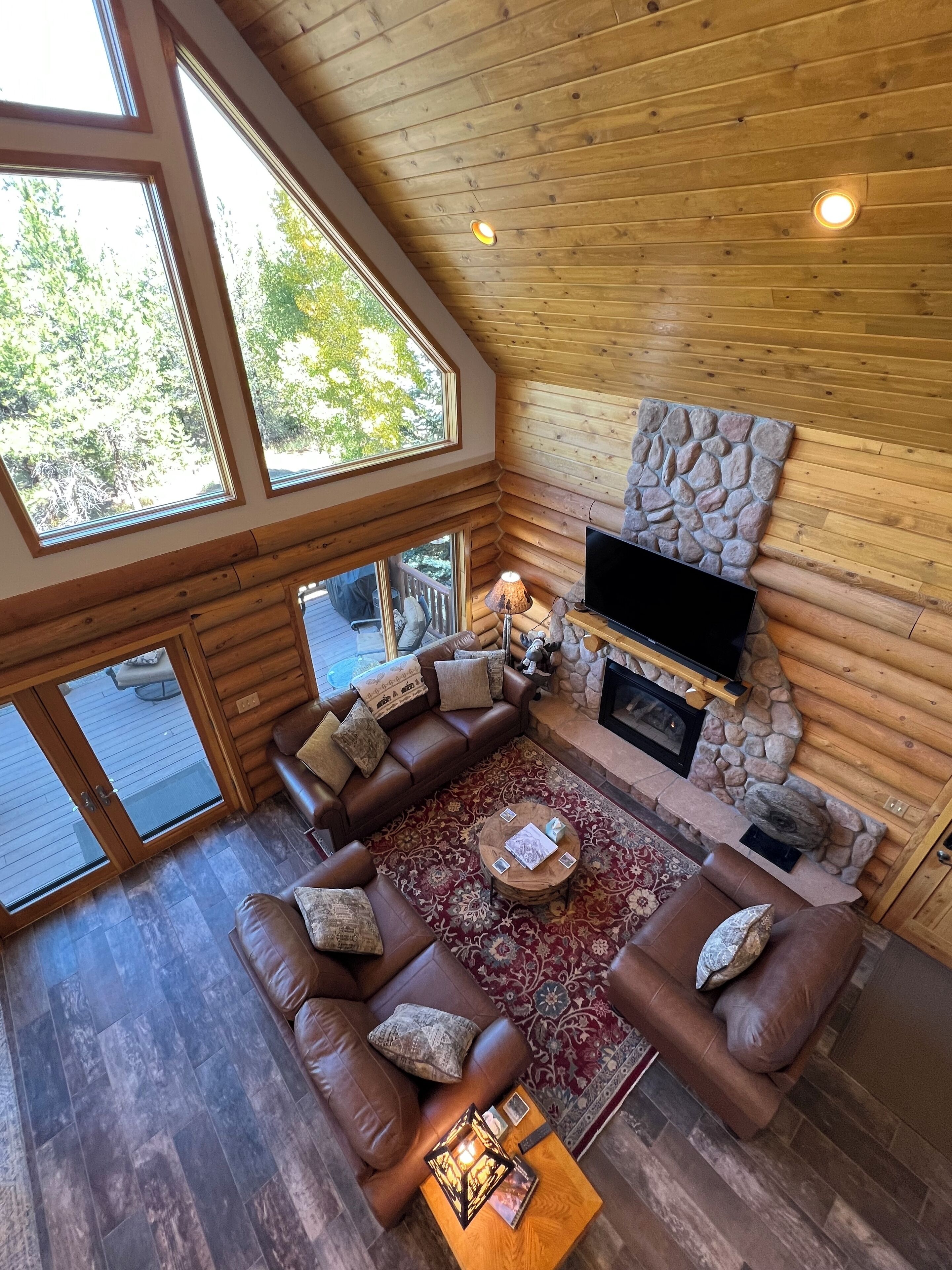 Smart TV, fireplace, books, printers