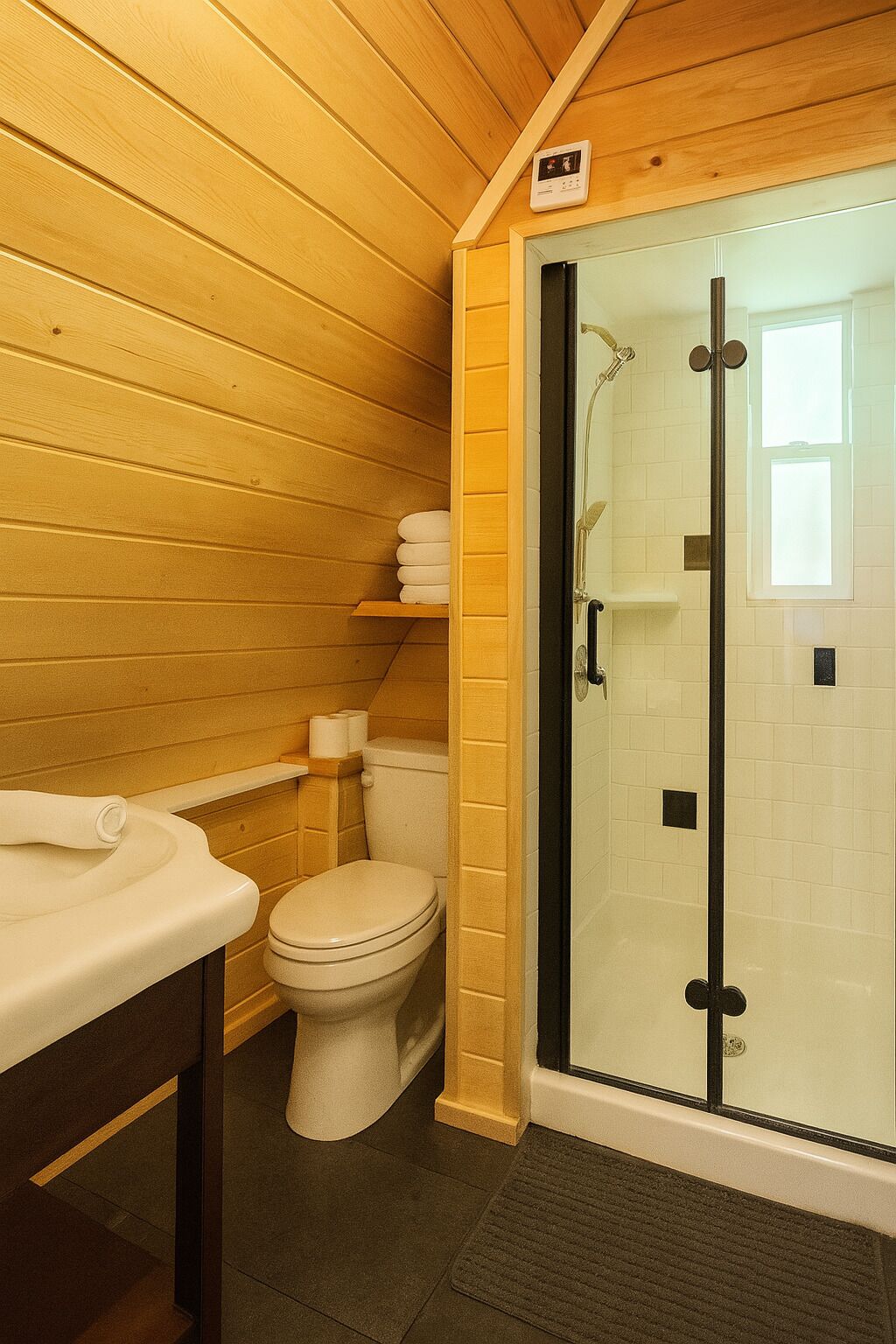 A wooden interior with a toilet, sink, and glass-enclosed shower area.