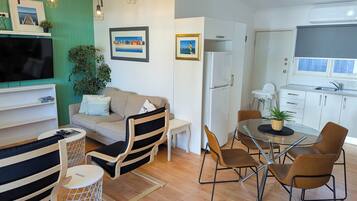 Smart TV, fireplace, DVD player