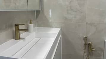 Shower, hair dryer, bidet, towels