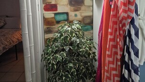 Un pasillo estrecho con una planta en maceta, una pared con un diseño abstracto y colorido, y una cama al fondo.