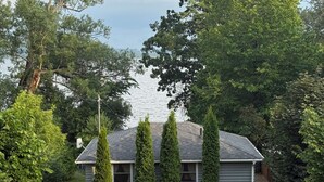 Une cabane en rondins avec un toit en pente, entourée d’une végétation luxuriante et d’arbres.