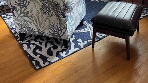 A living room with a sofa, a coffee table, a TV, and a window with blinds. - Beach garden cottage with AC in charming Ogunquit (Ogunquit)