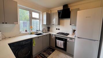 Frigorífico, microondas, horno y placa de cocina