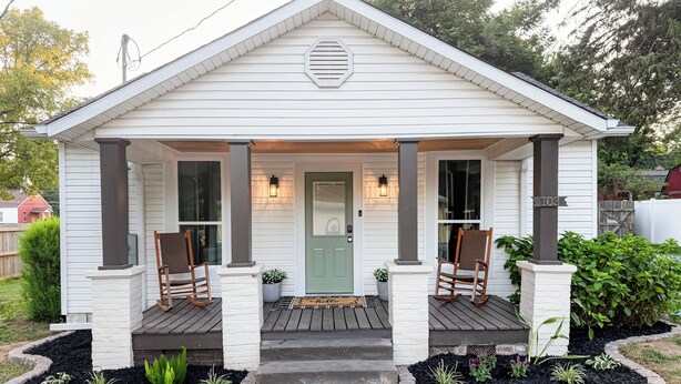 A small, single-story house with a front porch, two rocking chairs, and a green door. - The Pecan Street Retreat - 1935 Gem (Searcy)
