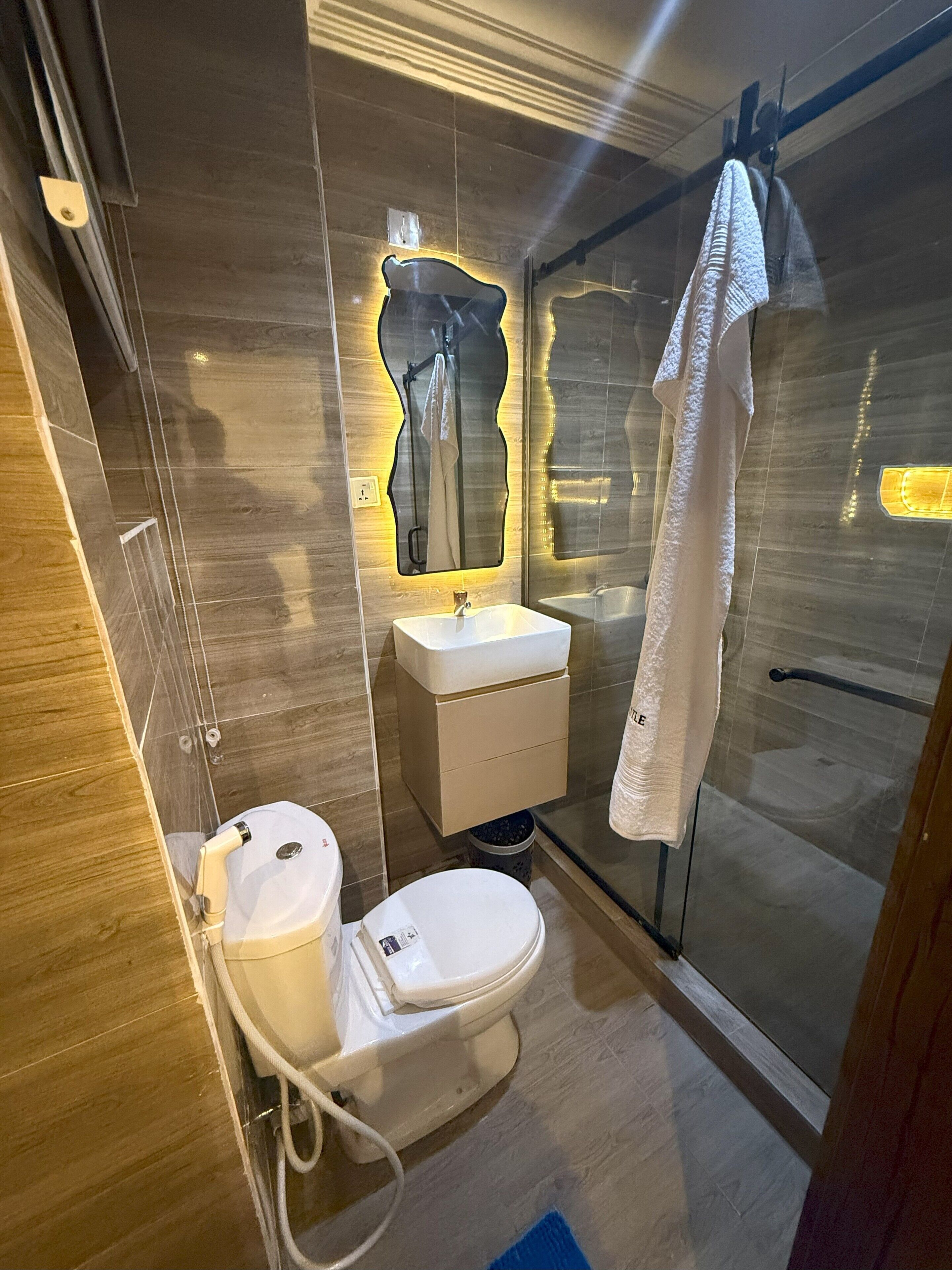 Shower, towels, soap, toilet paper