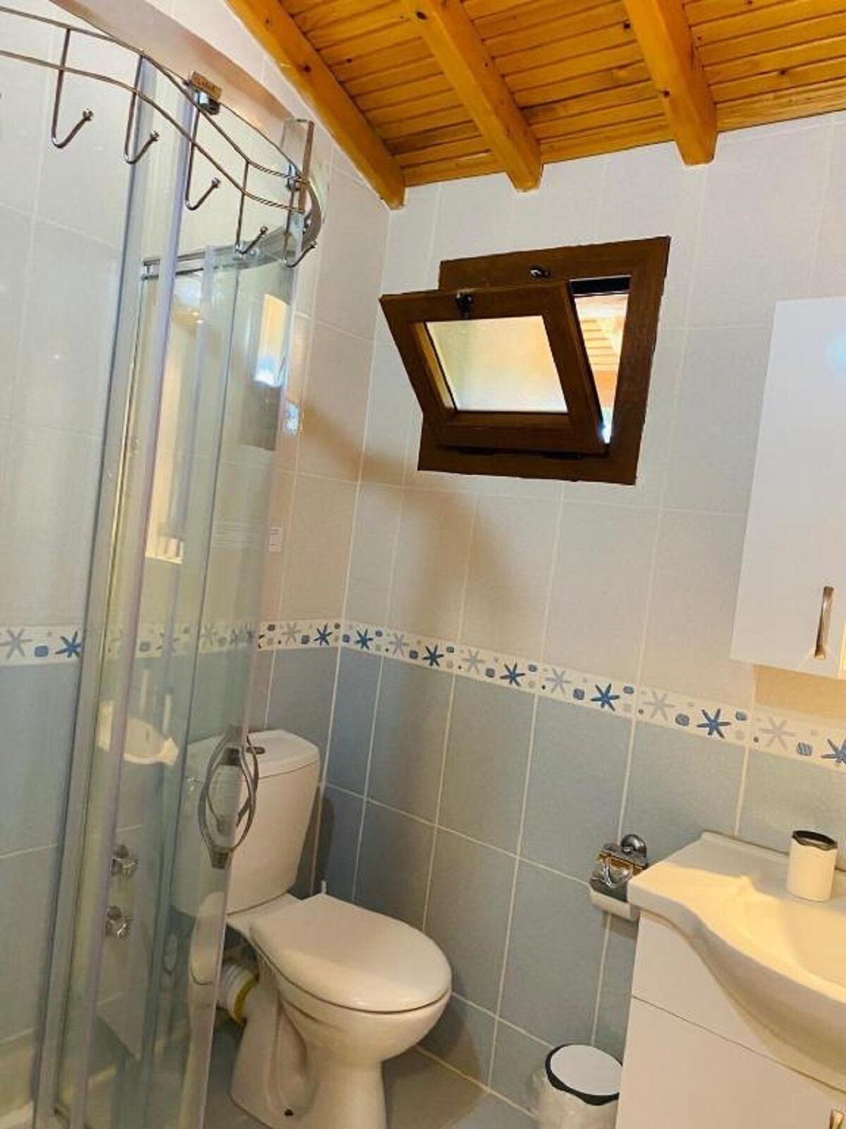 Une salle de bain avec une douche à parois de verre, des toilettes et un lavabo.