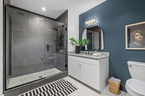 Hair dryer, towels, soap, toilet paper