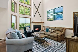 TV, fireplace, DVD player, books