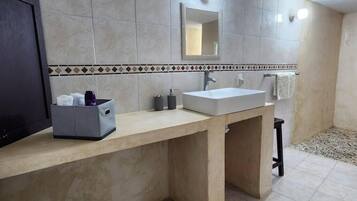 Hair dryer, towels, soap, toilet paper