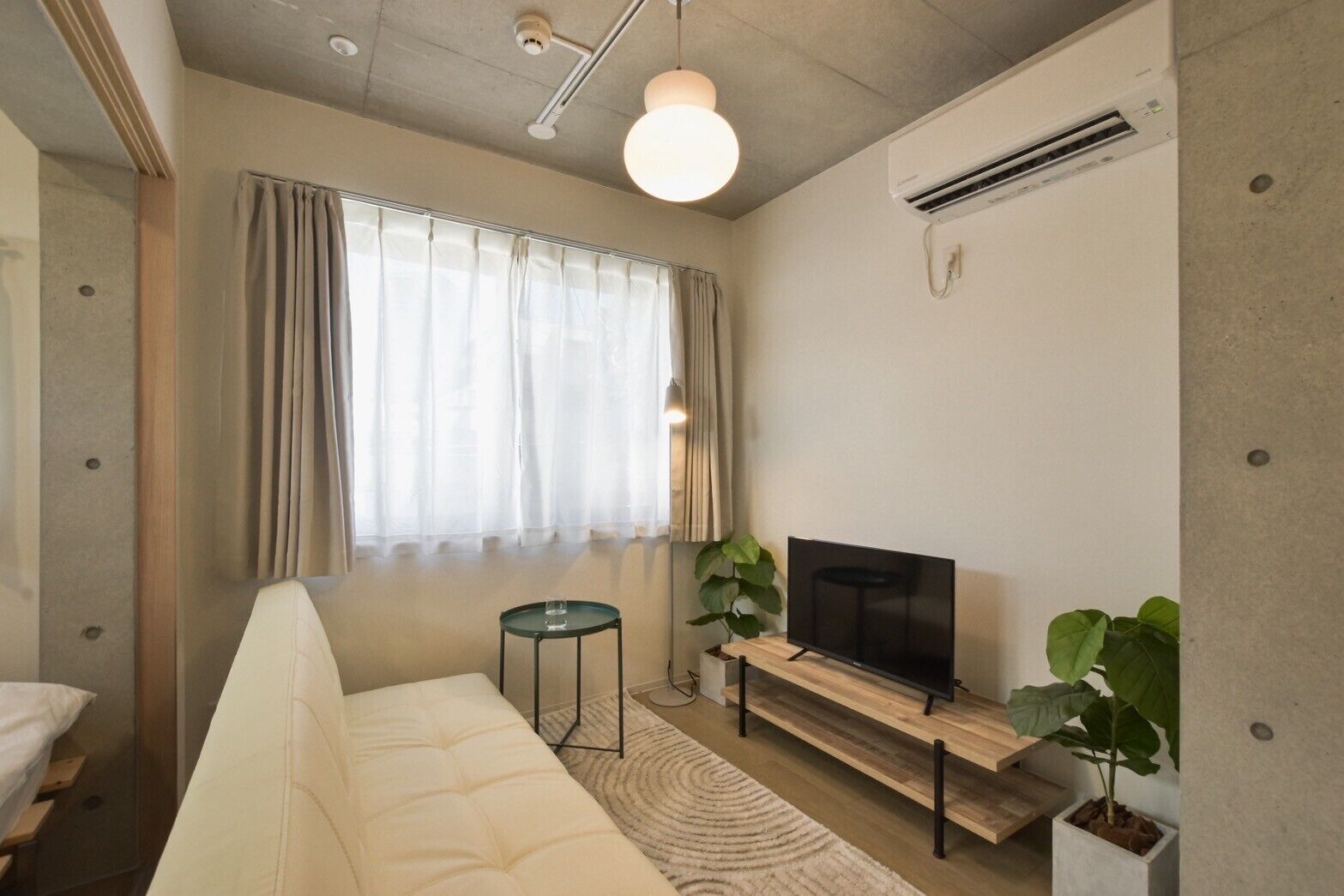 A modern, compact living space with a sofa, a small side table, a television on a wooden stand, and two potted plants.