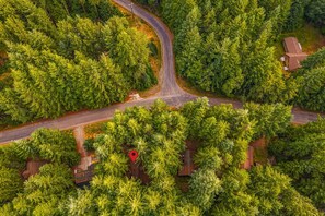 An aerial view of a road intersection surrounded by dense green forest. - Lindgren Hause in Enumclaw (Enumclaw)