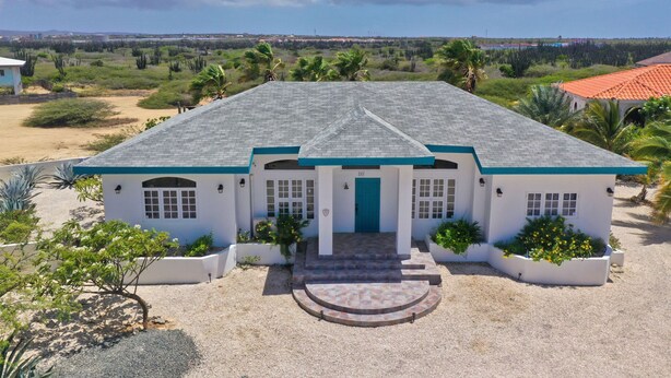 A white building with a blue roof and a number 317 sign, surrounded by greenery and a clear sky. - Beautiful Luxury Home in Seroe Colorado (San Nicolas Zuid)