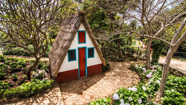 A small thatched-roof cottage with a red door and blue shutters, surrounded by lush greenery and flowering plants. - Agostinho Apartment By Atlantic Holiday (Santa Cruz)