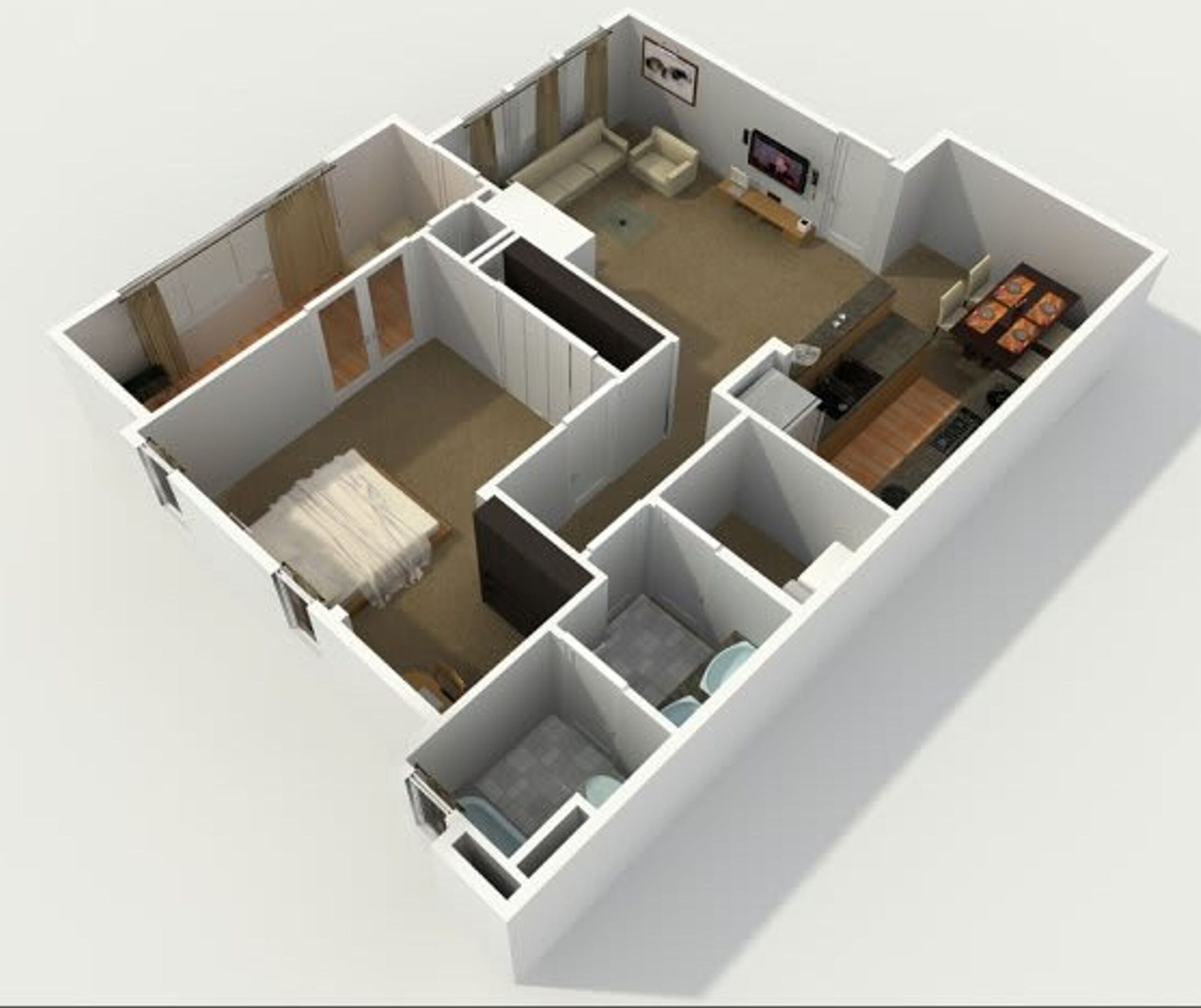 Un plan 3D d’une chambre d’hôtel comprenant un lit, un bureau, une chaise et une petite salle de bain.