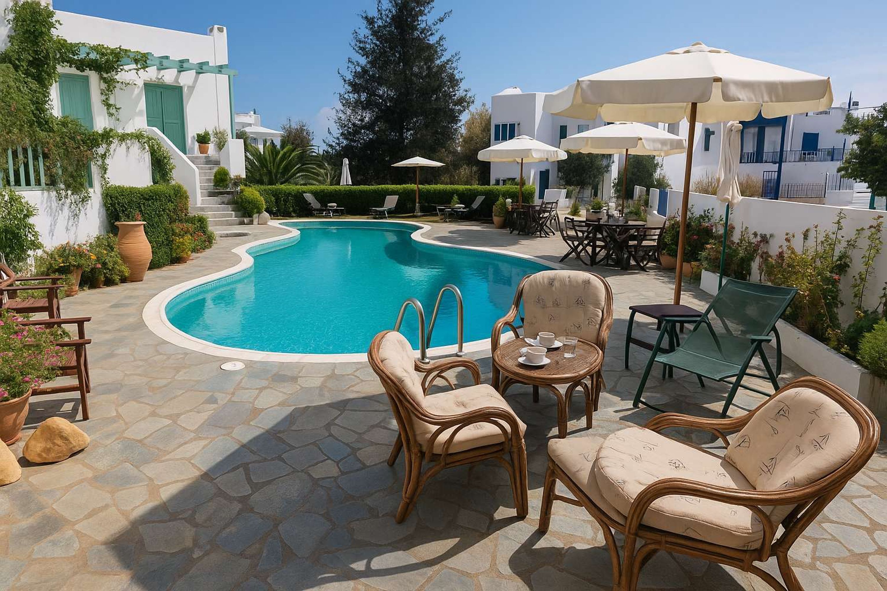 A pool area with wicker furniture and umbrellas, surrounded by white buildings with blue accents.