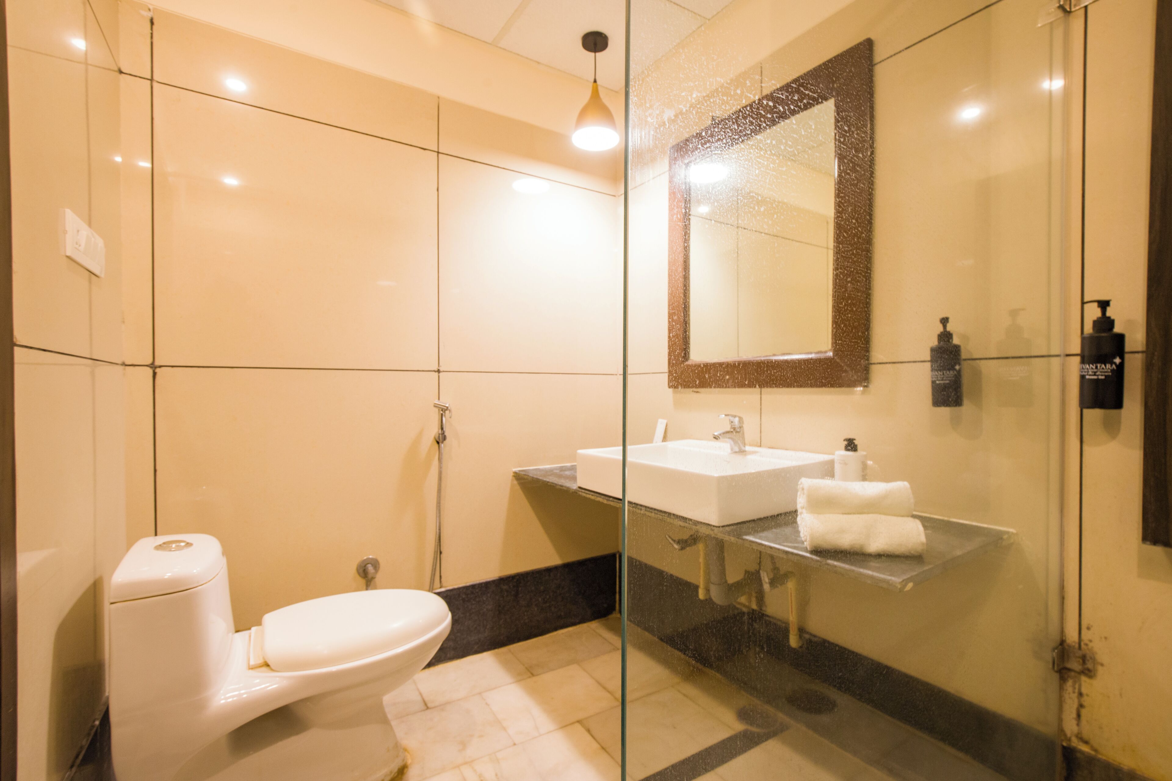 A modern bathroom with a toilet, a glass shower enclosure, a sink, and a mirror.