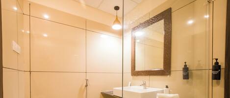 A modern bathroom with a toilet, a glass shower enclosure, a sink, and a mirror.