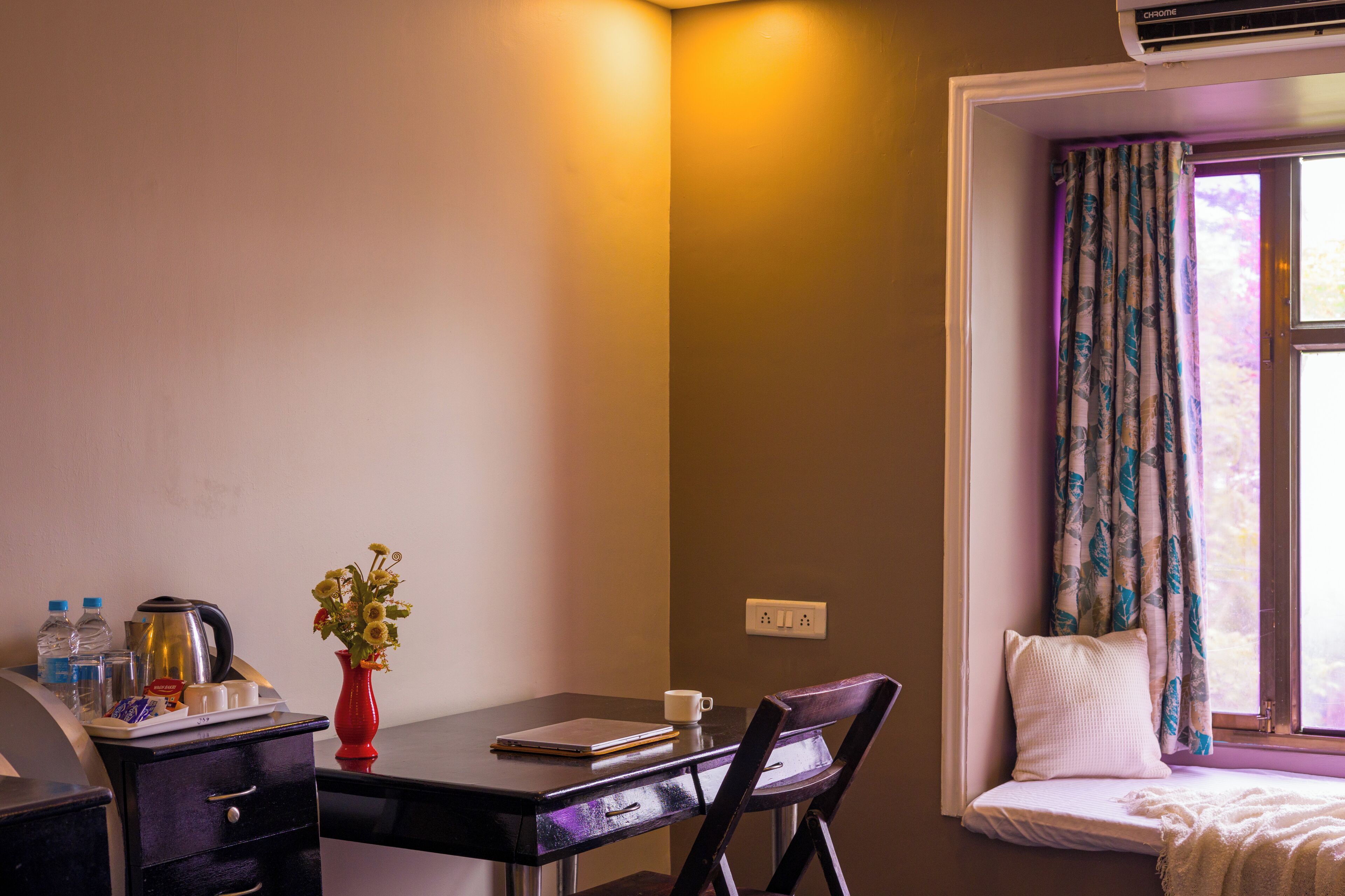 Premium bedding, desk, laptop workspace, iron/ironing board