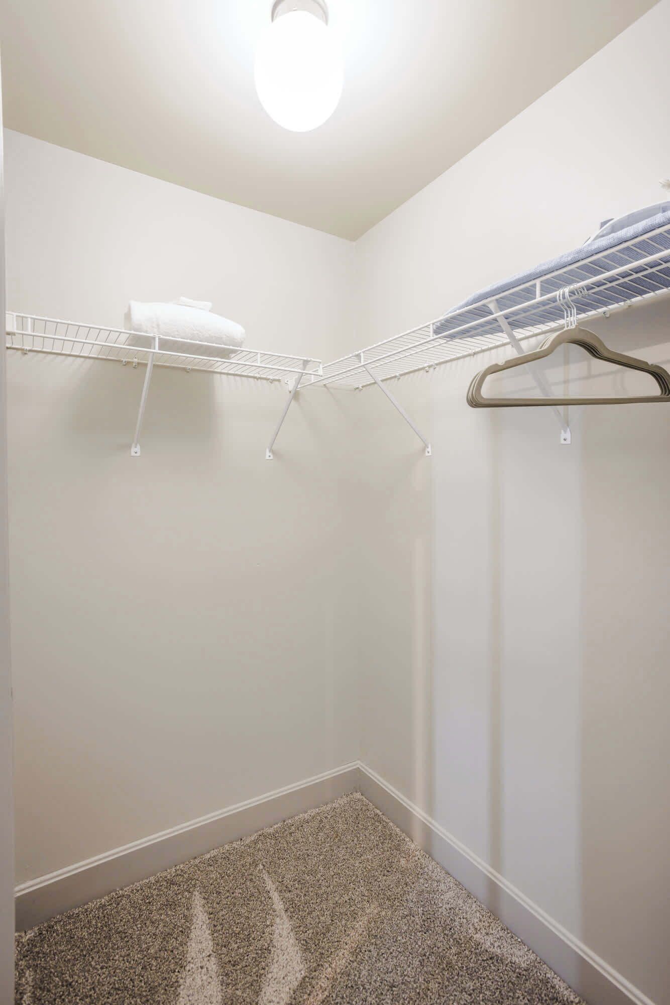 A small, white-walled closet with a hanging rack and a shelf, a beige carpet, and a light fixture on the ceiling.