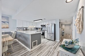 Fridge, microwave, dishwasher, coffee/tea maker