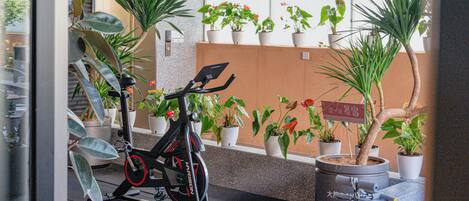 Un vélo d’appartement dans une pièce donnant sur un balcon, avec des plantes en pot et un panneau indiquant quelque chose dans une langue étrangère.
