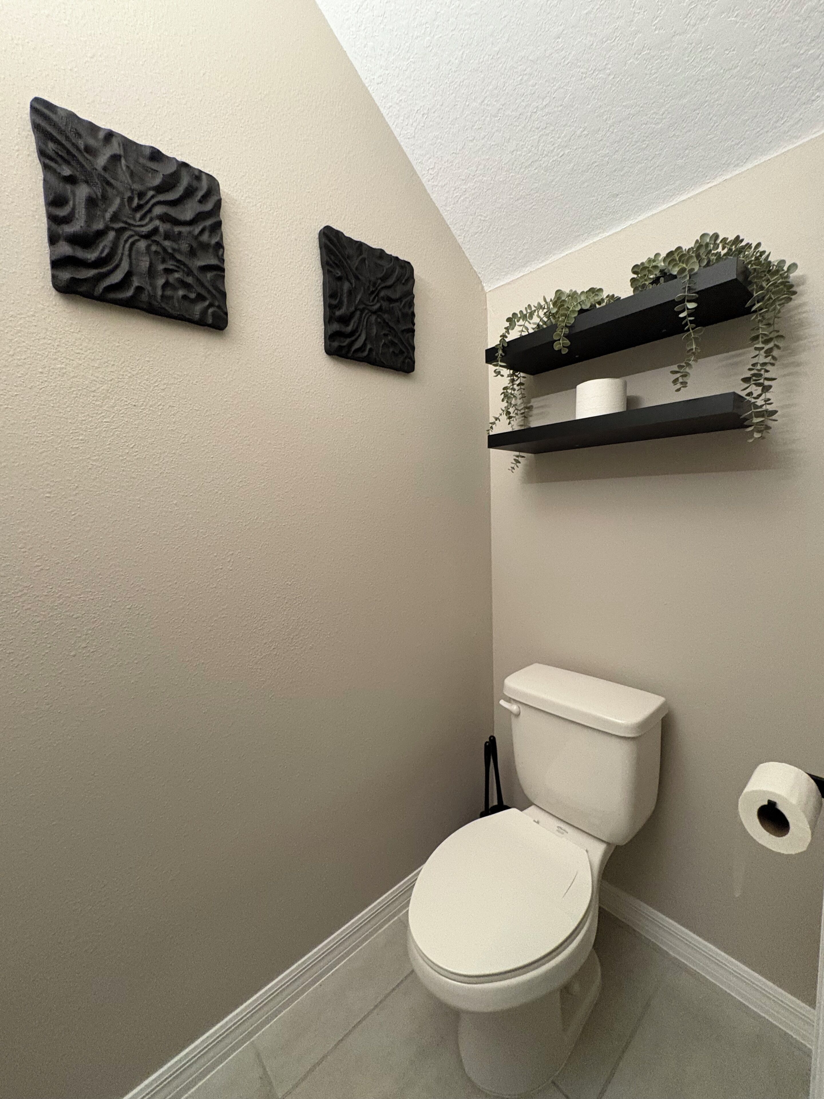 Ein Badezimmer mit Toilette, zwei an der Wand befestigten schwarzen Kunstobjekten mit Struktur und einem schwarzen Regal mit Pflanzen und einer Toilettenpapierrolle.