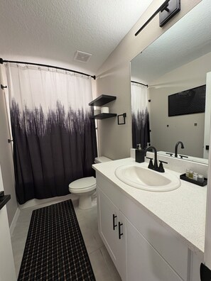 Hair dryer, towels, soap, toilet paper