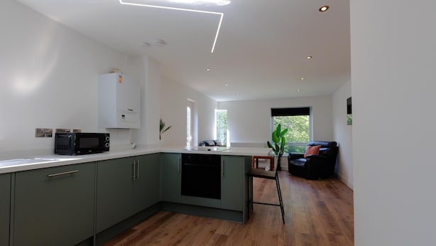 A modern kitchen with a built-in microwave, dishwasher, and a window providing natural light.
