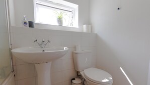 A bathroom with a sink, toilet, and a window with a plant.