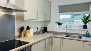 Una cocina moderna con estufa integrada, un fregadero y armarios. Hay una ventana con una planta en el alféizar.