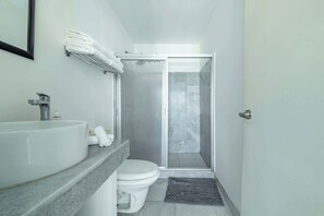 Shower, hair dryer, towels