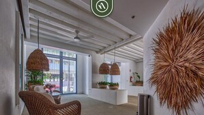 Ein modernes Interieur mit Korbmöbeln, hängenden Lampen aus Korb und einer großen Zierpflanze.
