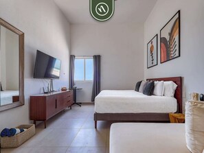 1 bedroom, desk, iron/ironing board, travel cot