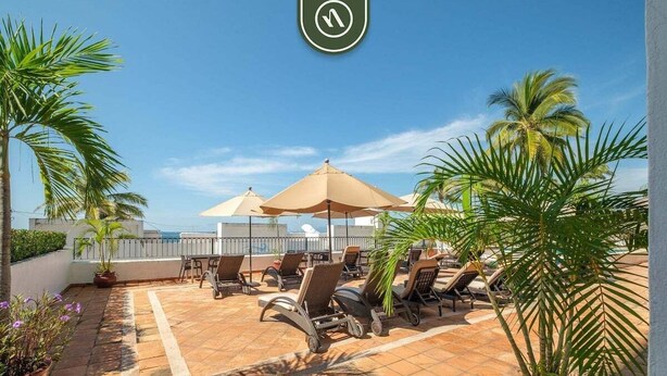 A rooftop terrace with lounge chairs, umbrellas, and potted plants.