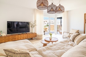 Luxury House, Multiple Bedrooms, 2 Bathrooms (Casa La Cala De Mijas with pool for 8) | Living area | 21-inch Smart TV with cable channels
