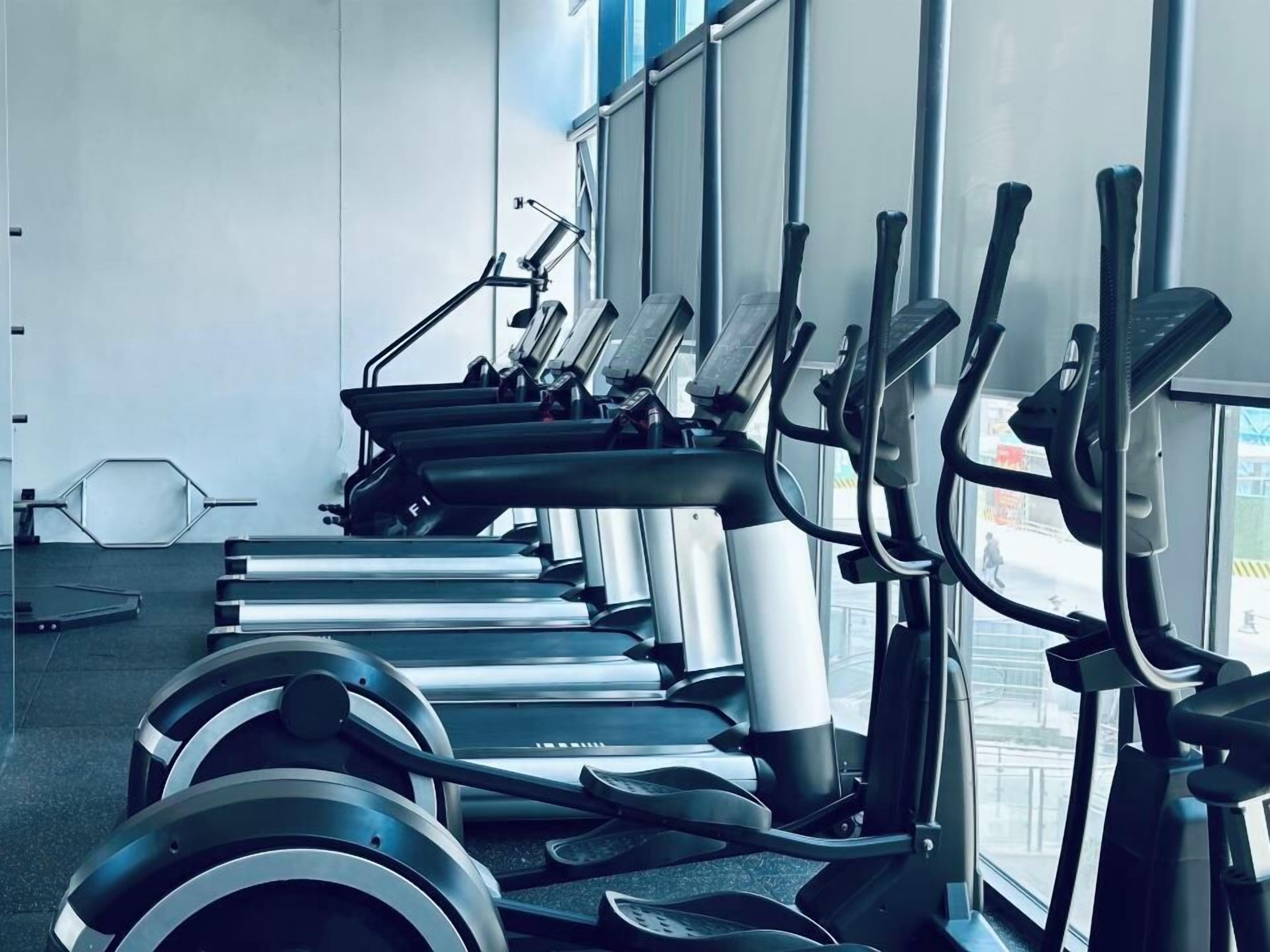 A row of stationary bikes in a gym with large windows.