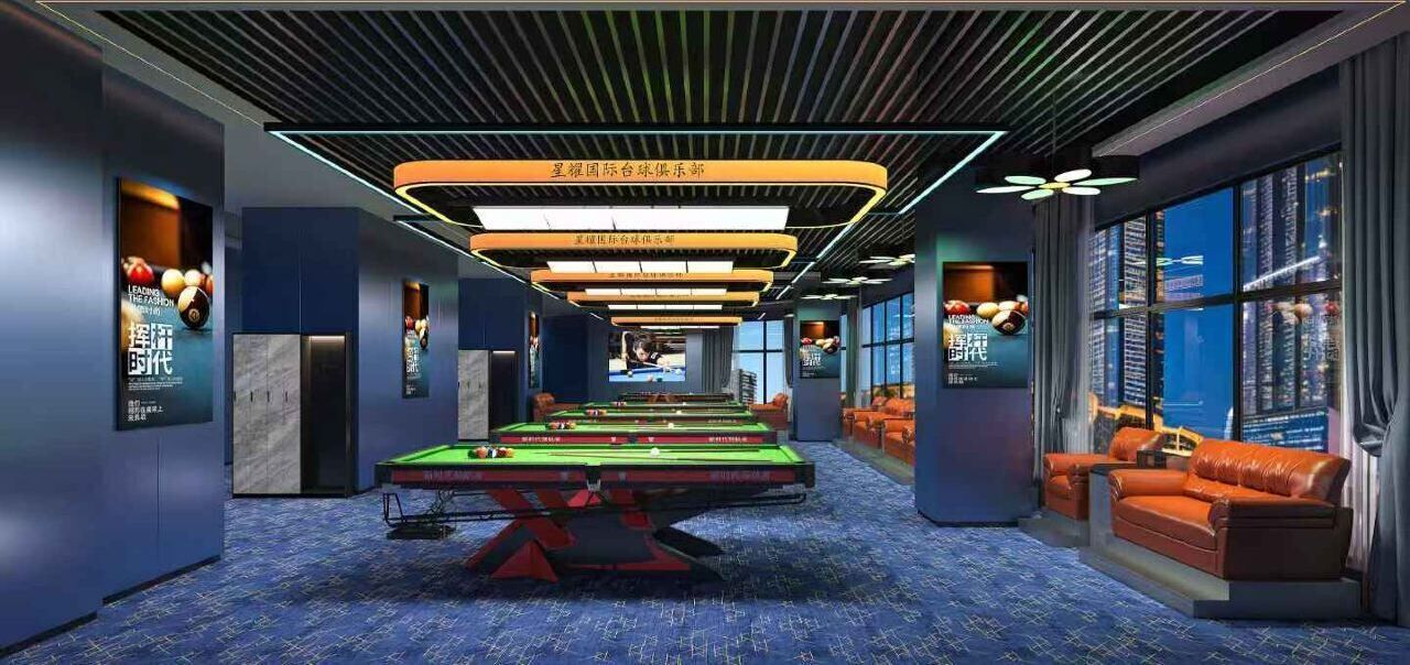 A billiards room with a pool table, sofas, and a city view through large windows.