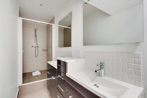 Shower, hair dryer, towels